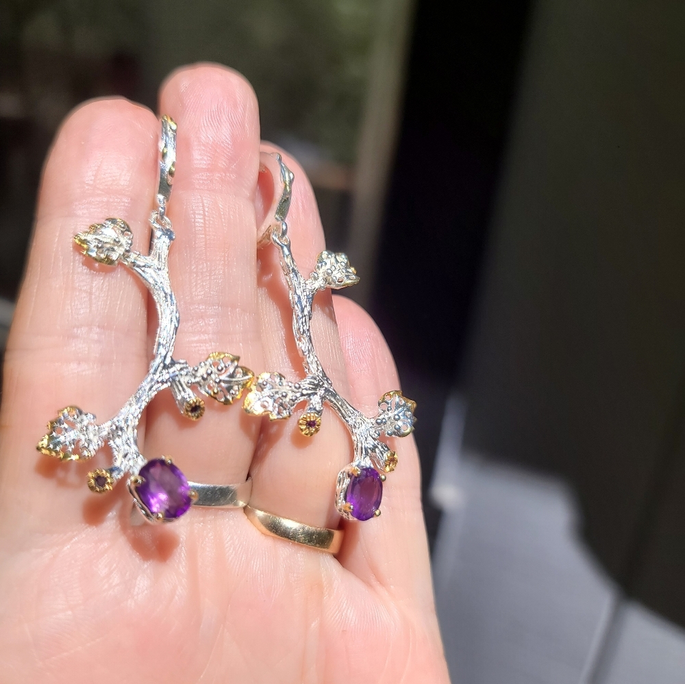 Amethyst & Sapphire floral sterling & gold dramatic earrings - Picture 5 of 6